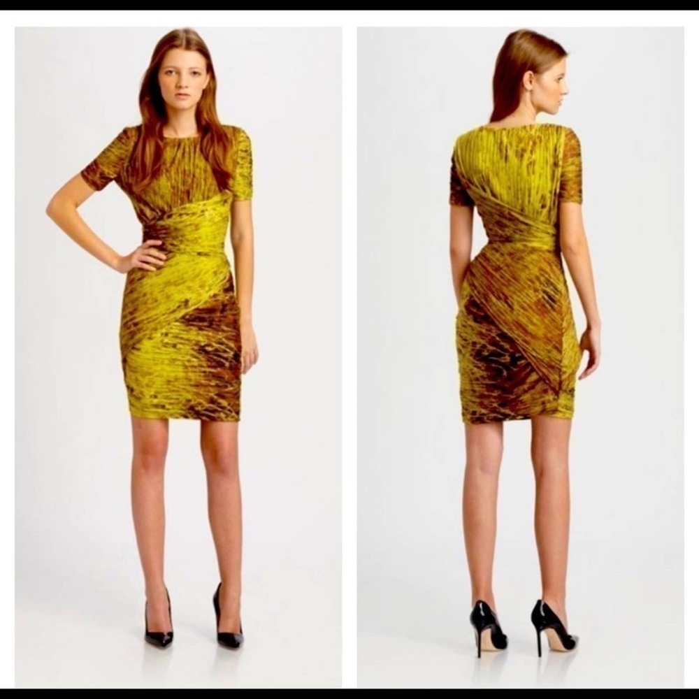 Halston Heritage brown mustard abstract bodycon ruched wiggle Dress 10